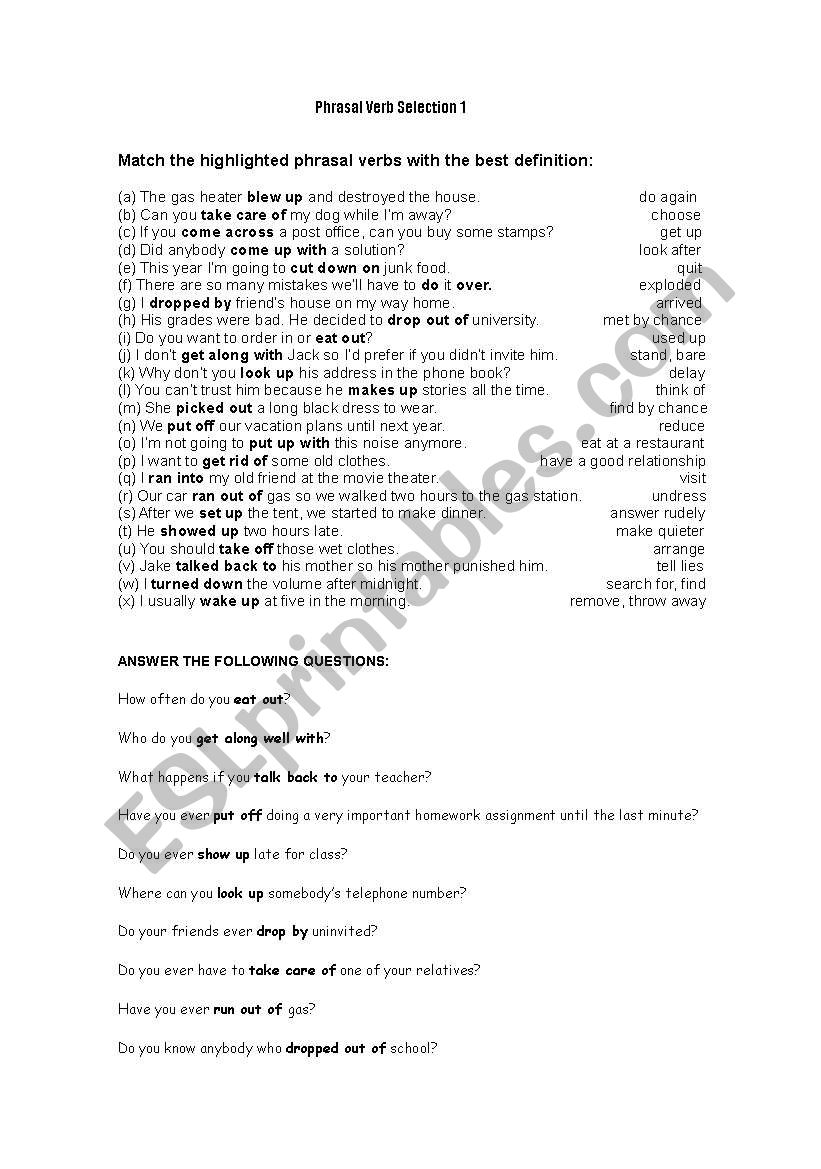 PHRASAL VERBS SELECTION I worksheet