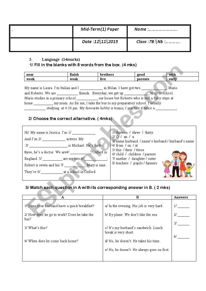 mid term 1 test 7th grade worksheet