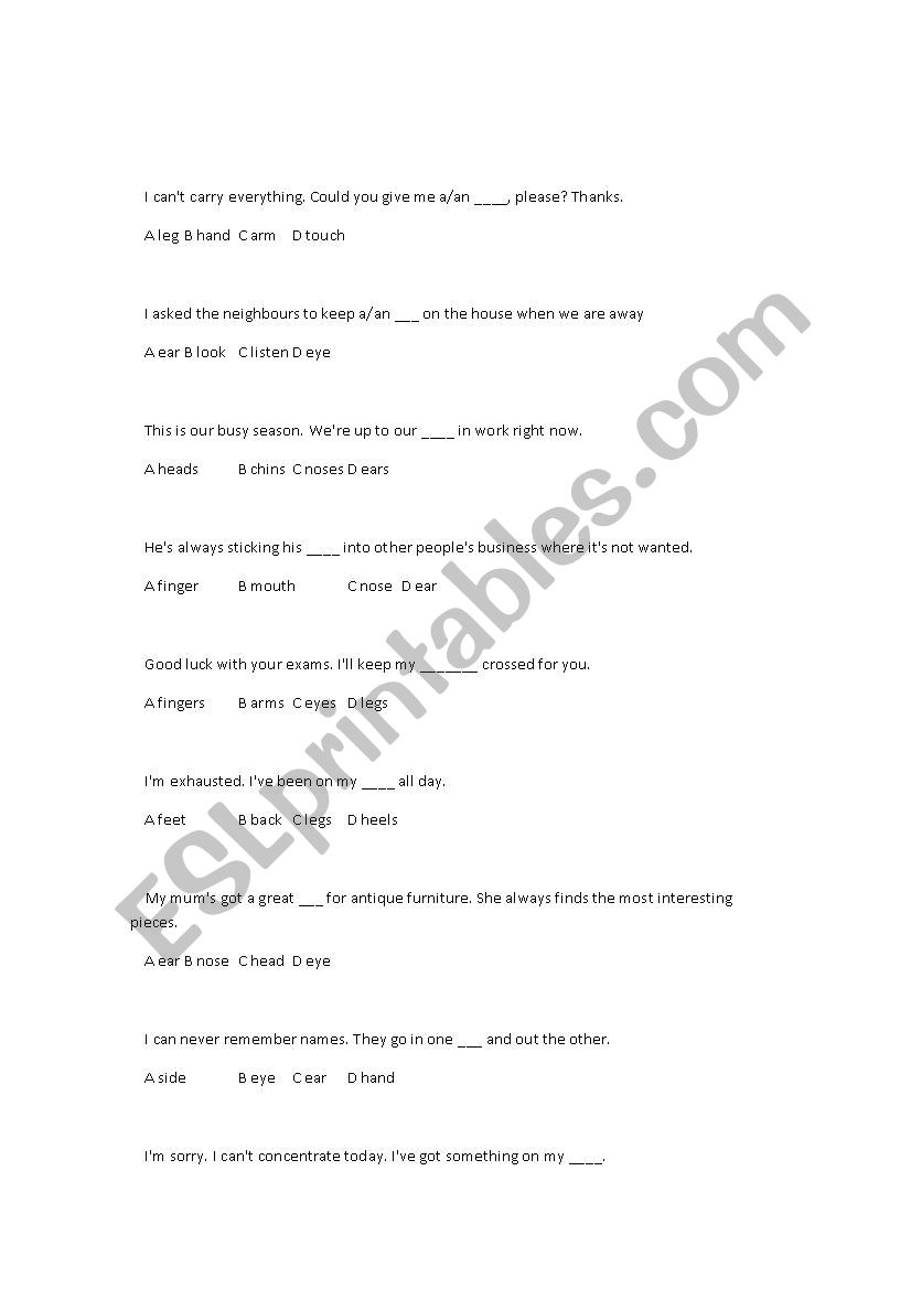 Body Part Phrases worksheet