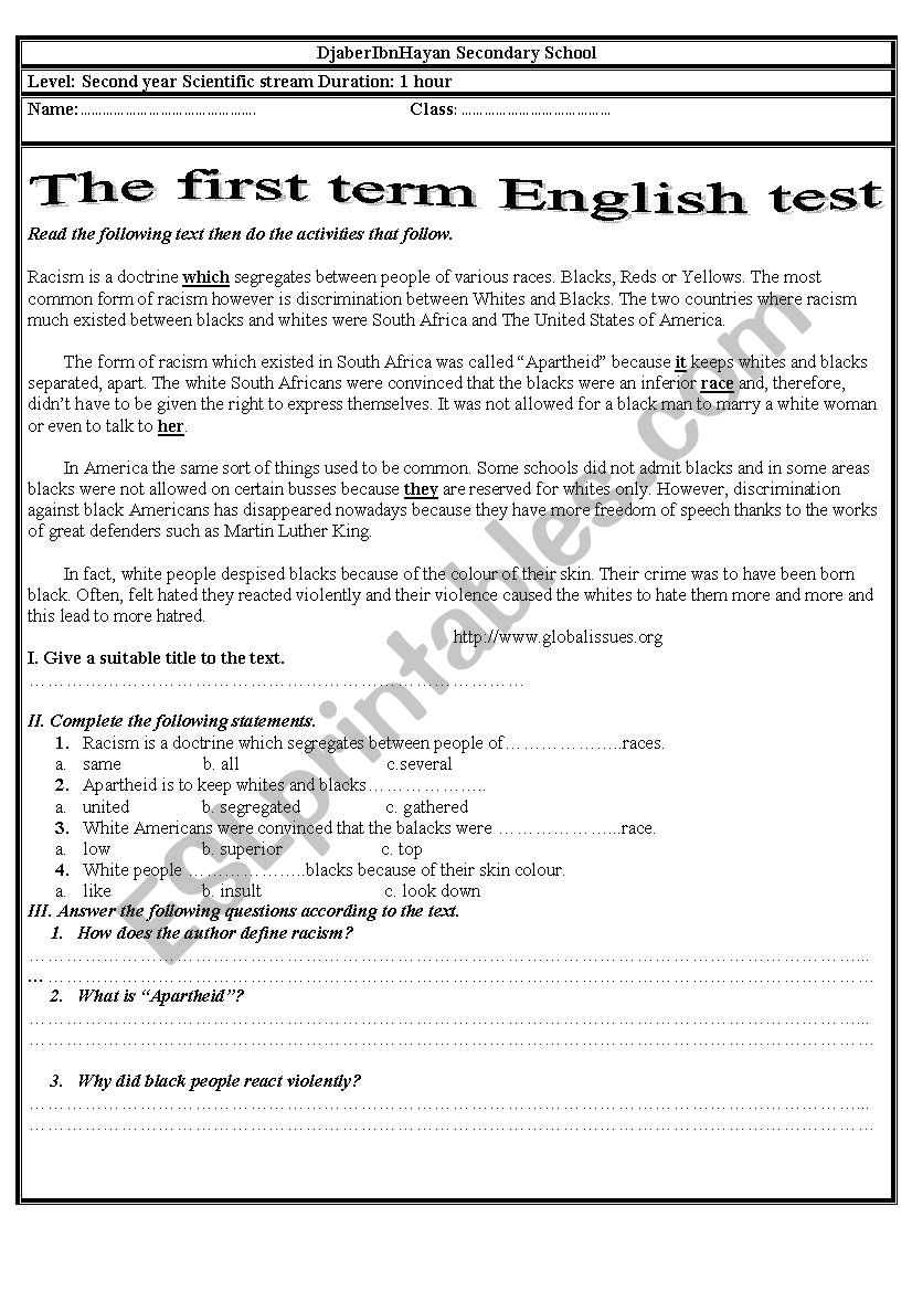 test second year racism worksheet