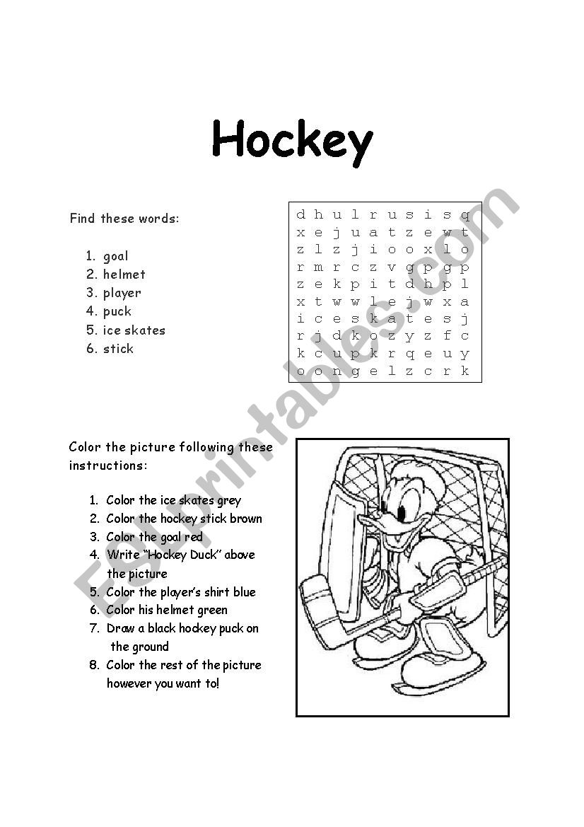 Hockey Word Search and Coloring-by-instructions