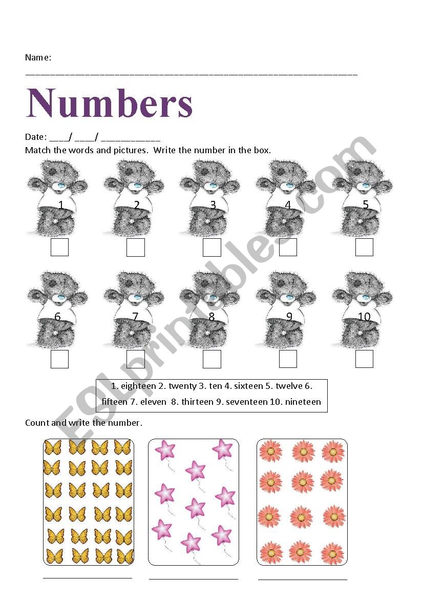 numbers 1 to fourty worksheet