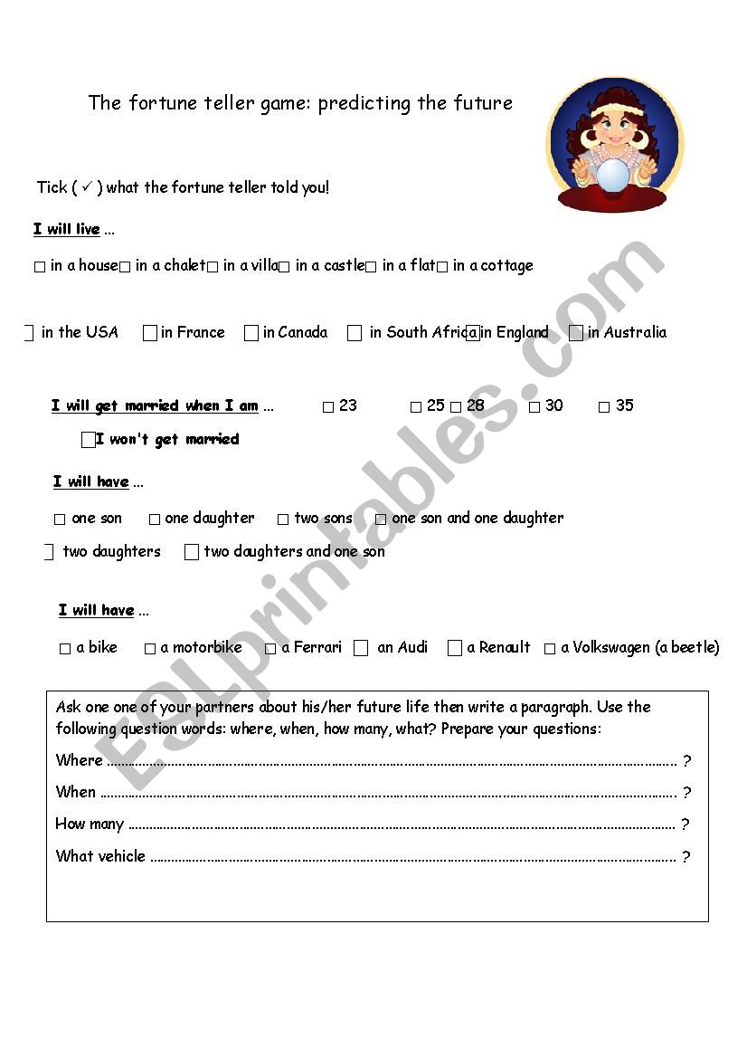 Fortune teller game worksheet worksheet