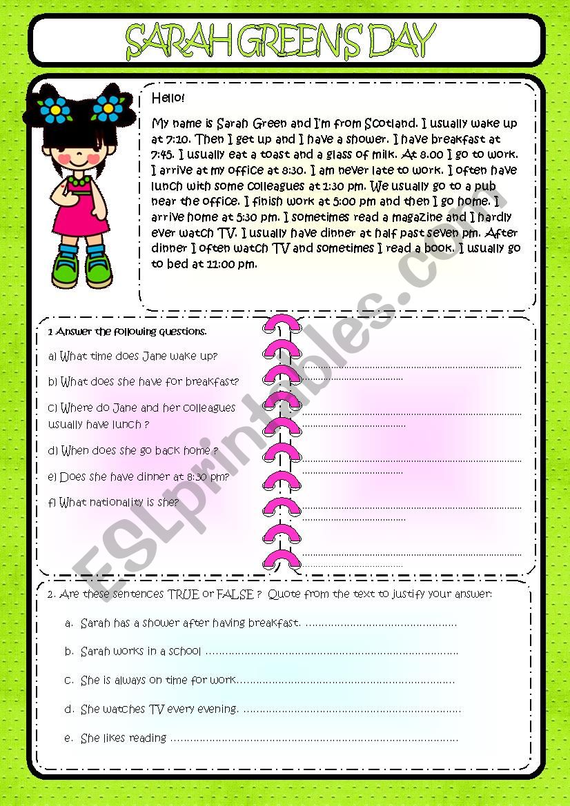 Sarah GreenÂ´s day worksheet