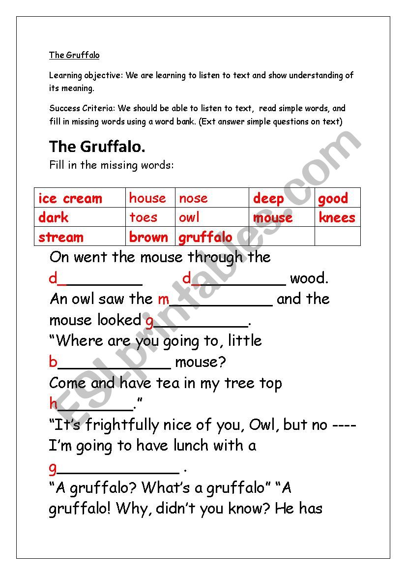 The Gruffalo worksheet