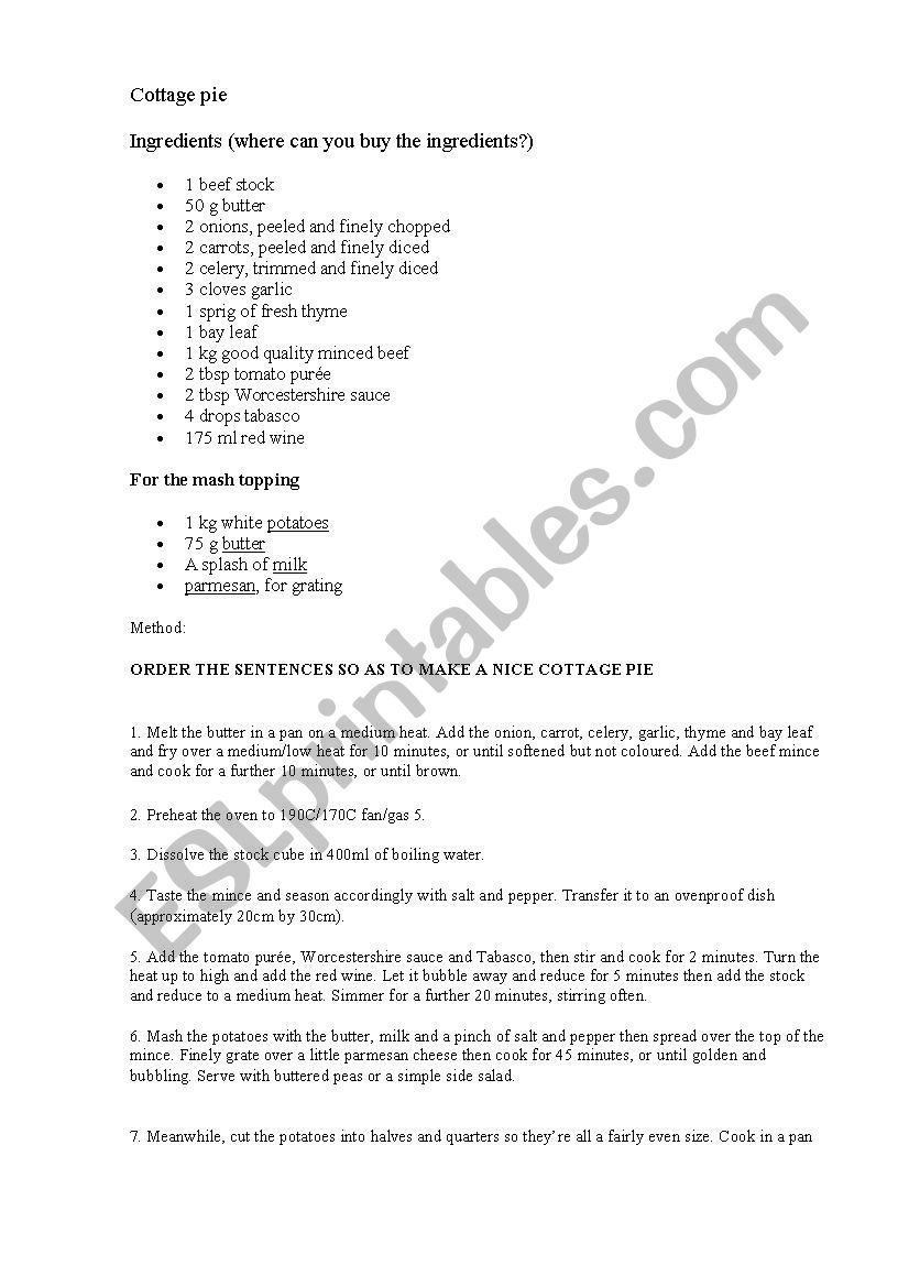 cottage pie (it includes key) worksheet