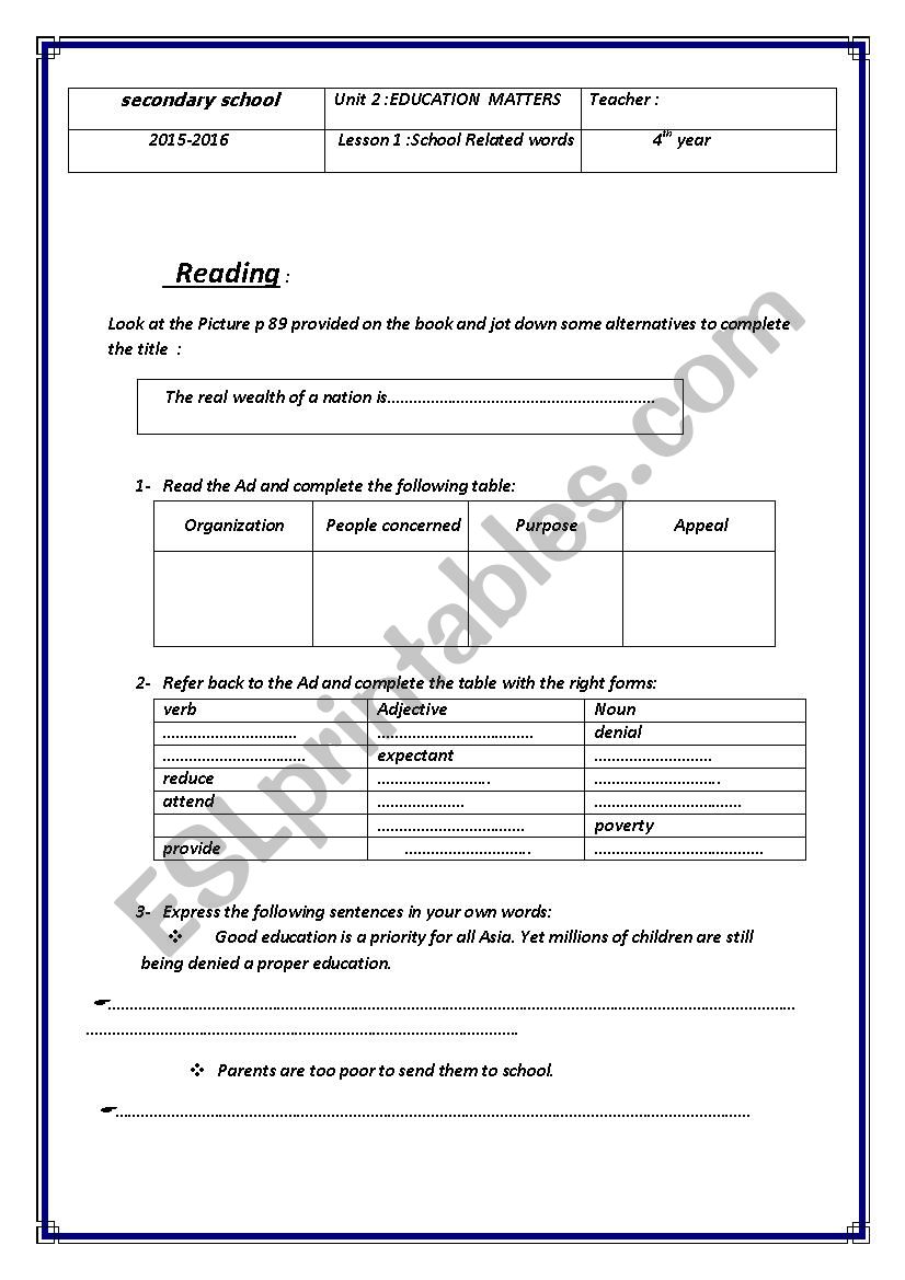    Unit 2  Lesson 1 School related words 