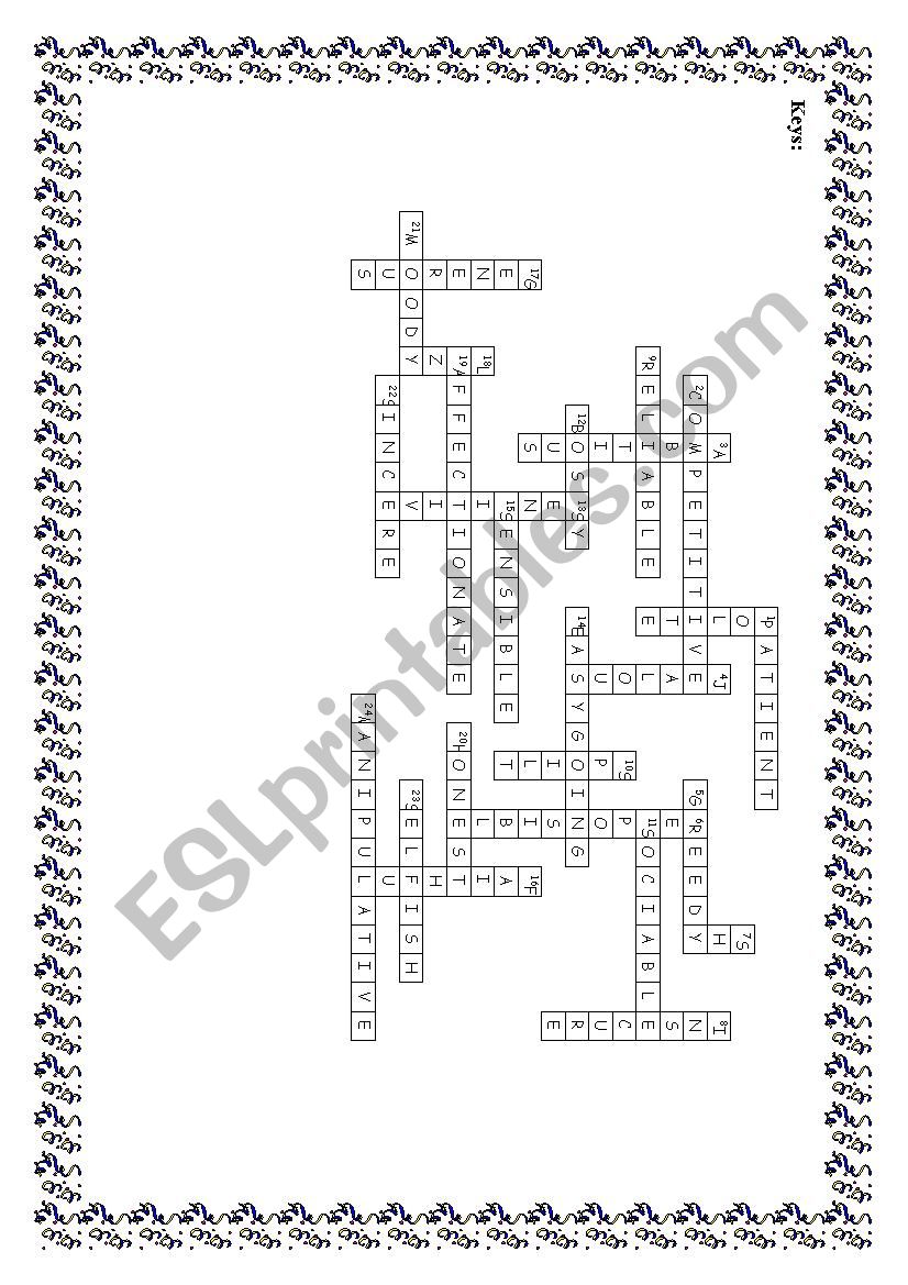 personality crossword puzzle worksheet