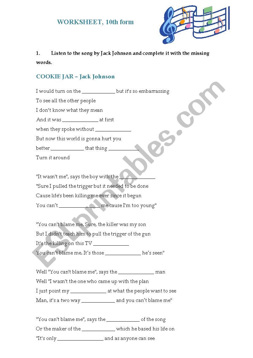 COOKIE JAR  Jack Johnson worksheet