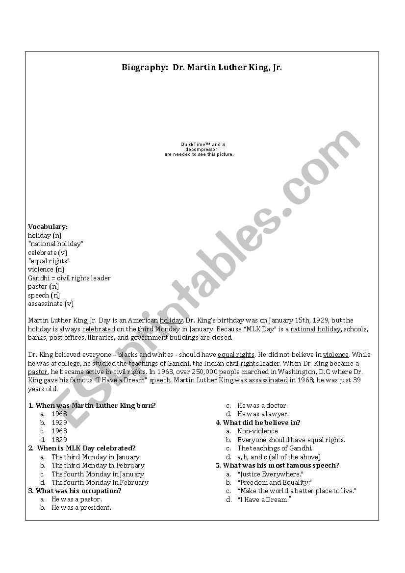 Martin Luther King, Jr. Day  worksheet