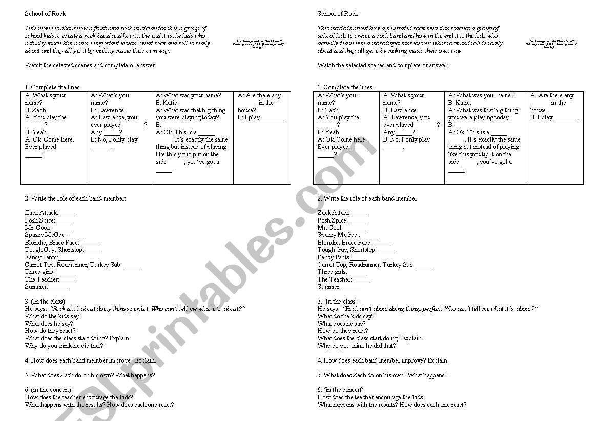 School of rock worksheet