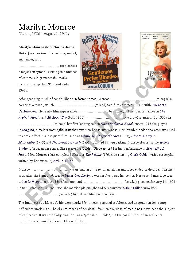 Marilyn MonroeÂ´s biography worksheet