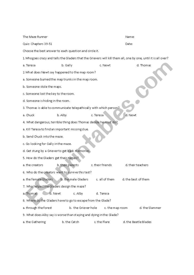 Maze Runner Quiz worksheet