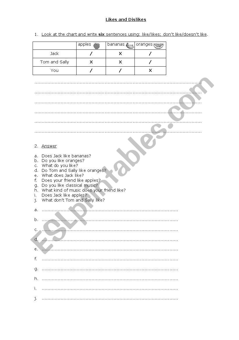 Likes and Dislikes worksheet