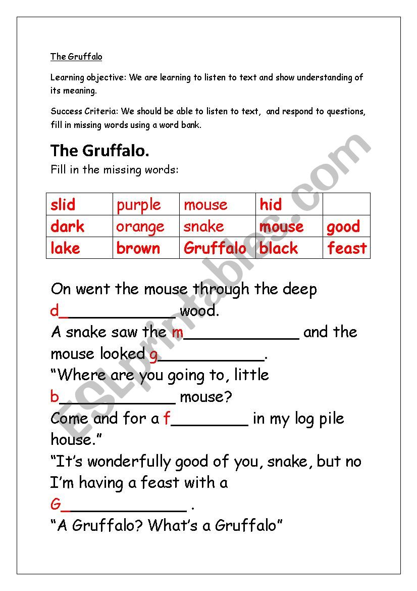 The Gruffalo worksheet