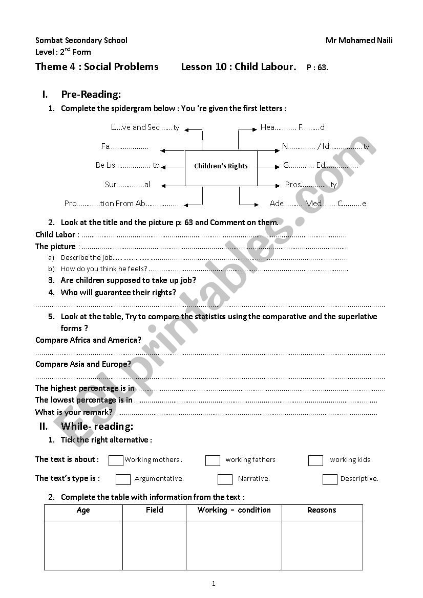 Child Labour worksheet