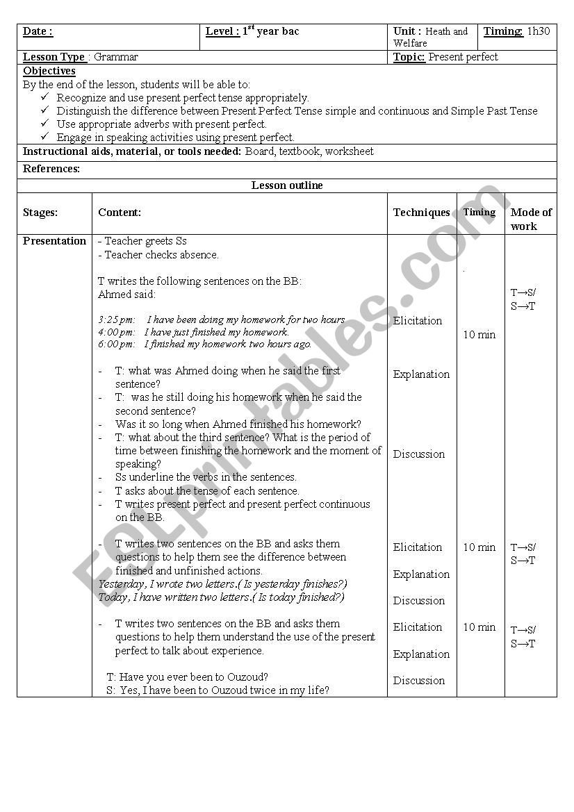 lesson plan of the present perfect