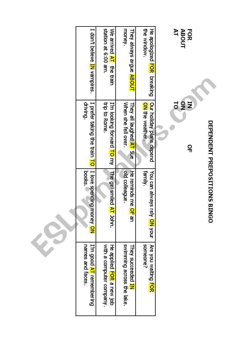 Dependent Prepositions Bingo worksheet