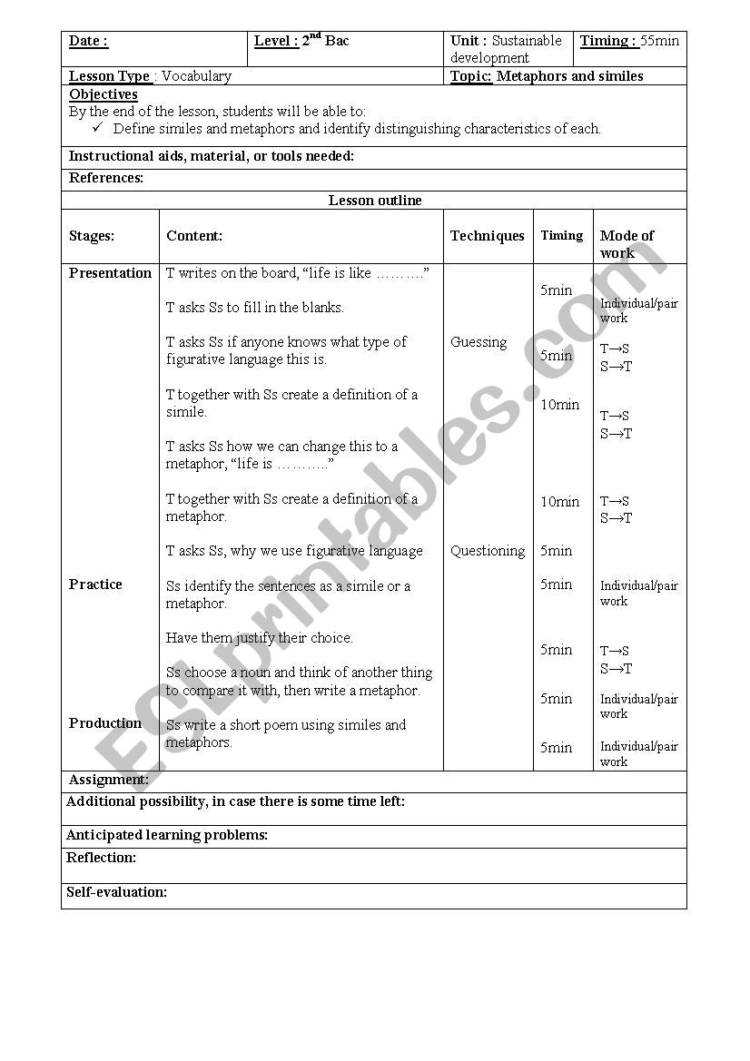 Simile and metaphor worksheet