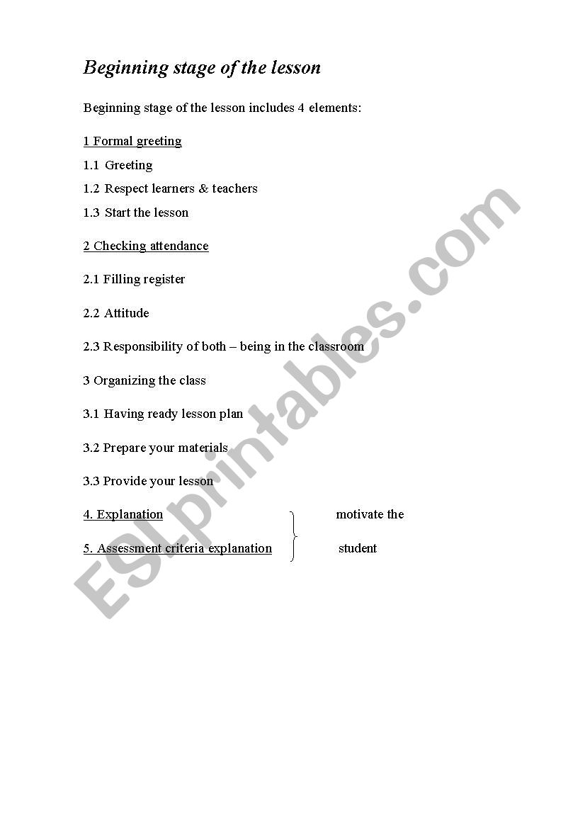 Beginning stage of the lesson worksheet