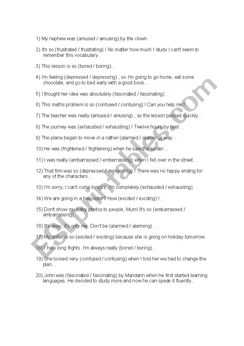 participle adjective worksheet