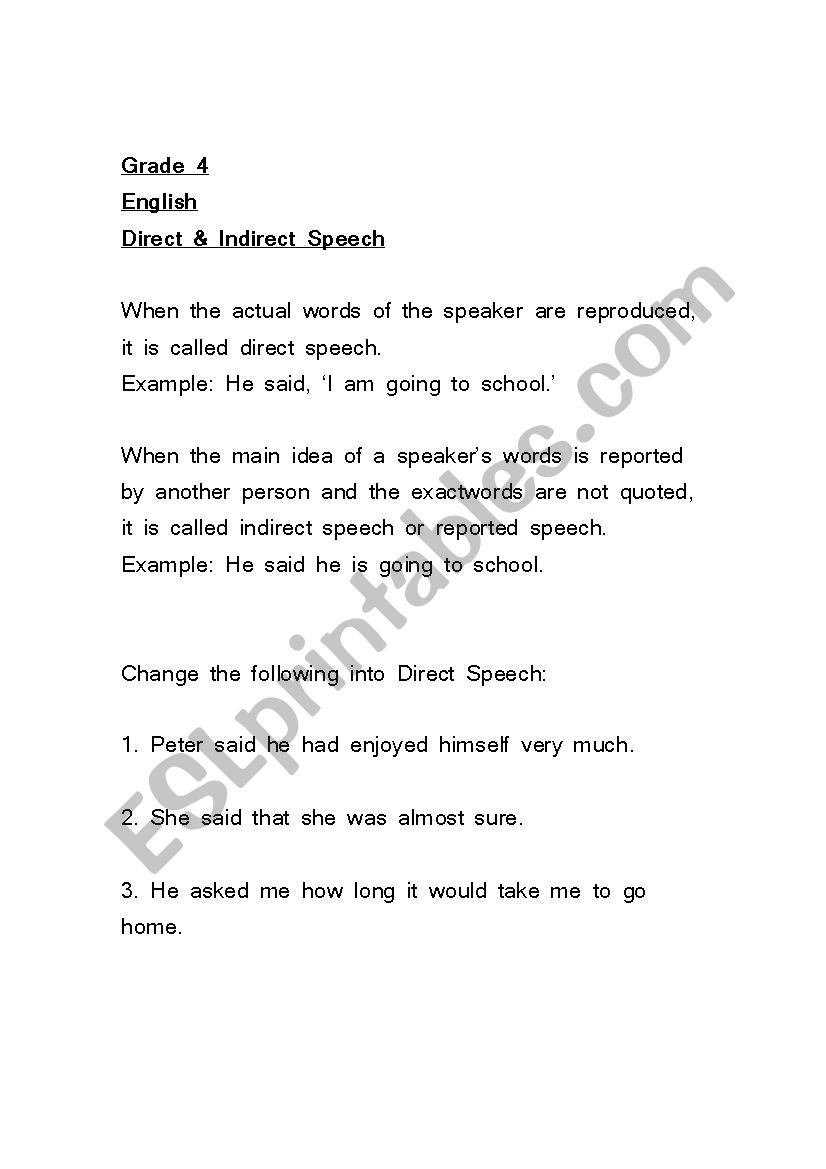 Direct & Indirect Speech worksheet