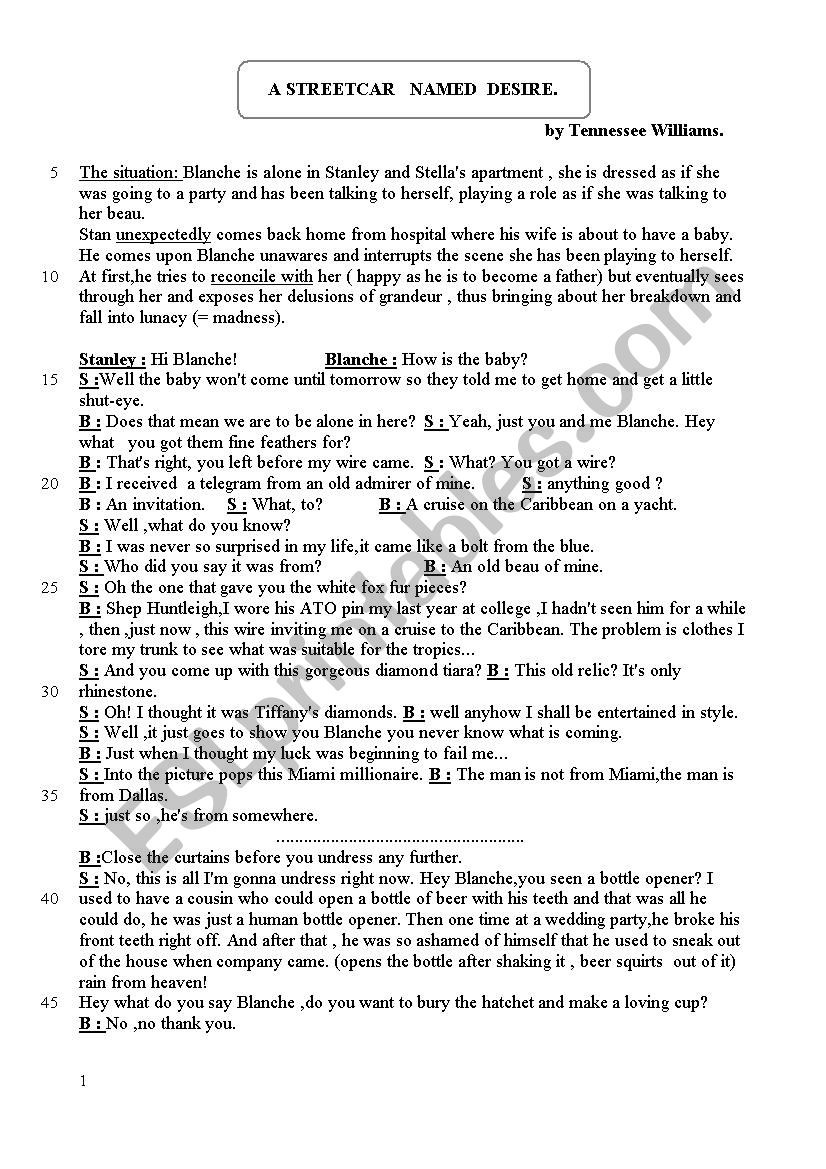 A STREETCAR NAMED DESIRE worksheet