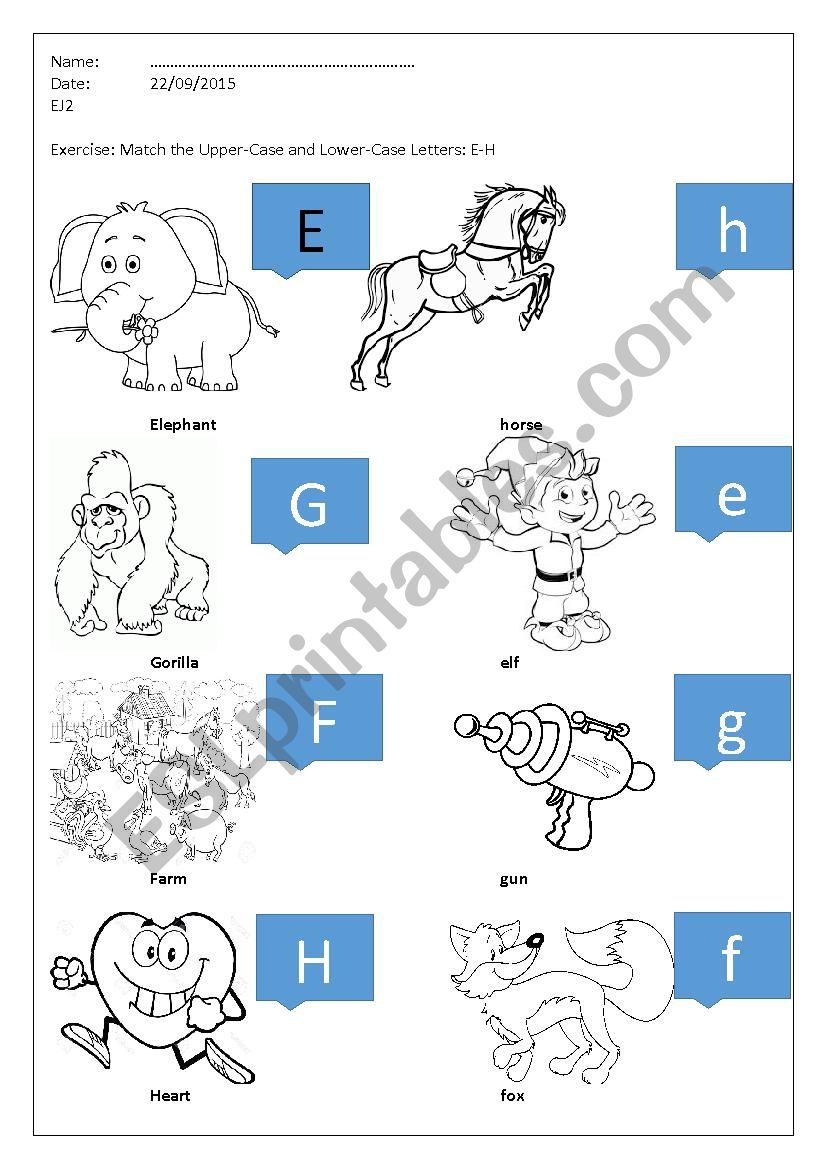 Matching exercise for upper-lower letters e,f,g,h