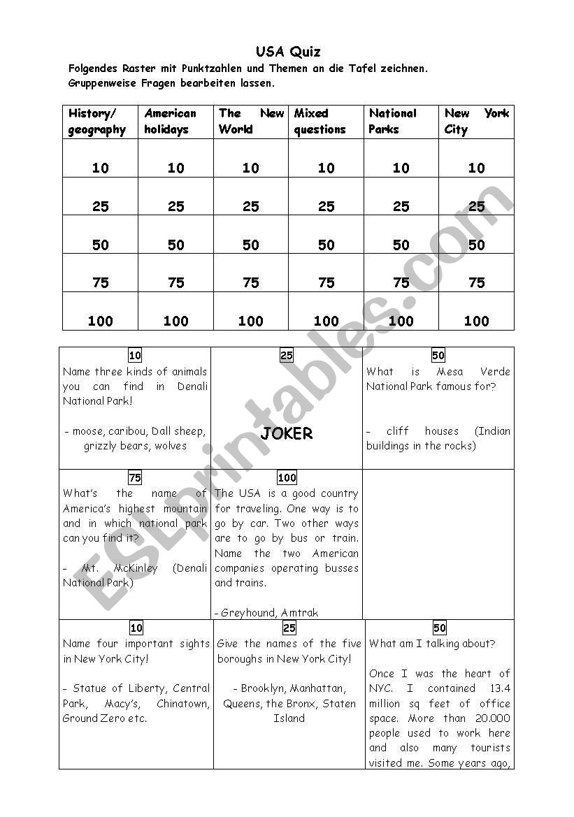 USA Quiz worksheet