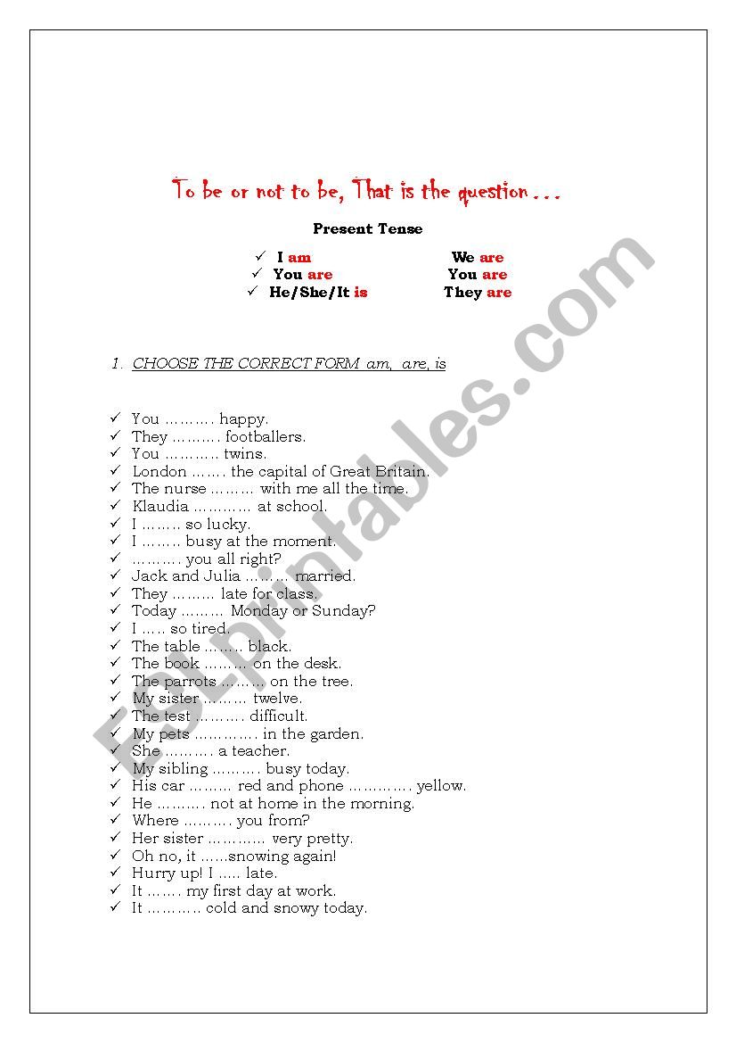 verb to be worksheet