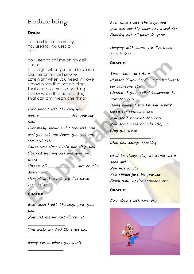 Hotline bling by Drake worksheet