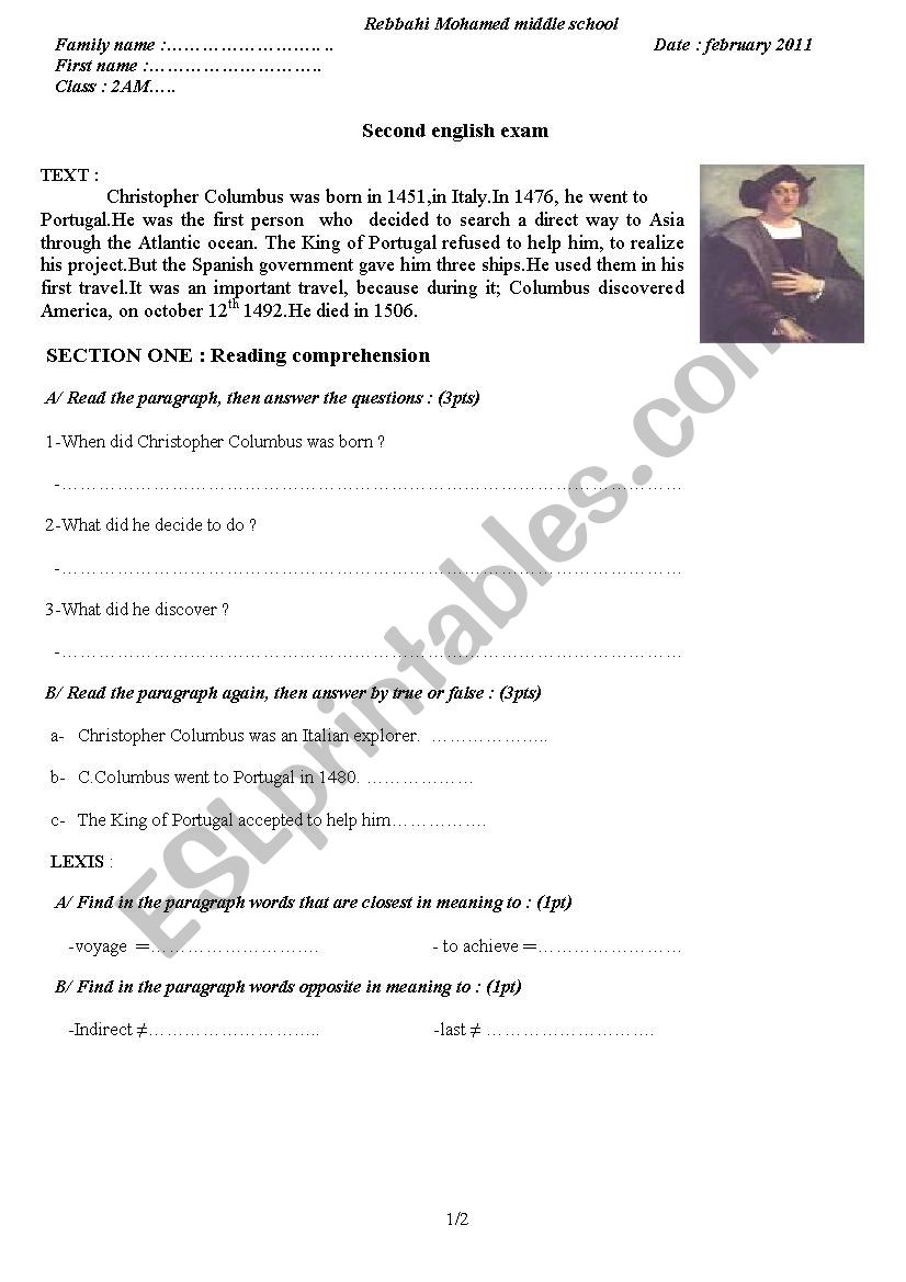 A test about  Cristopher Coloumbus biography for middle school algerian students