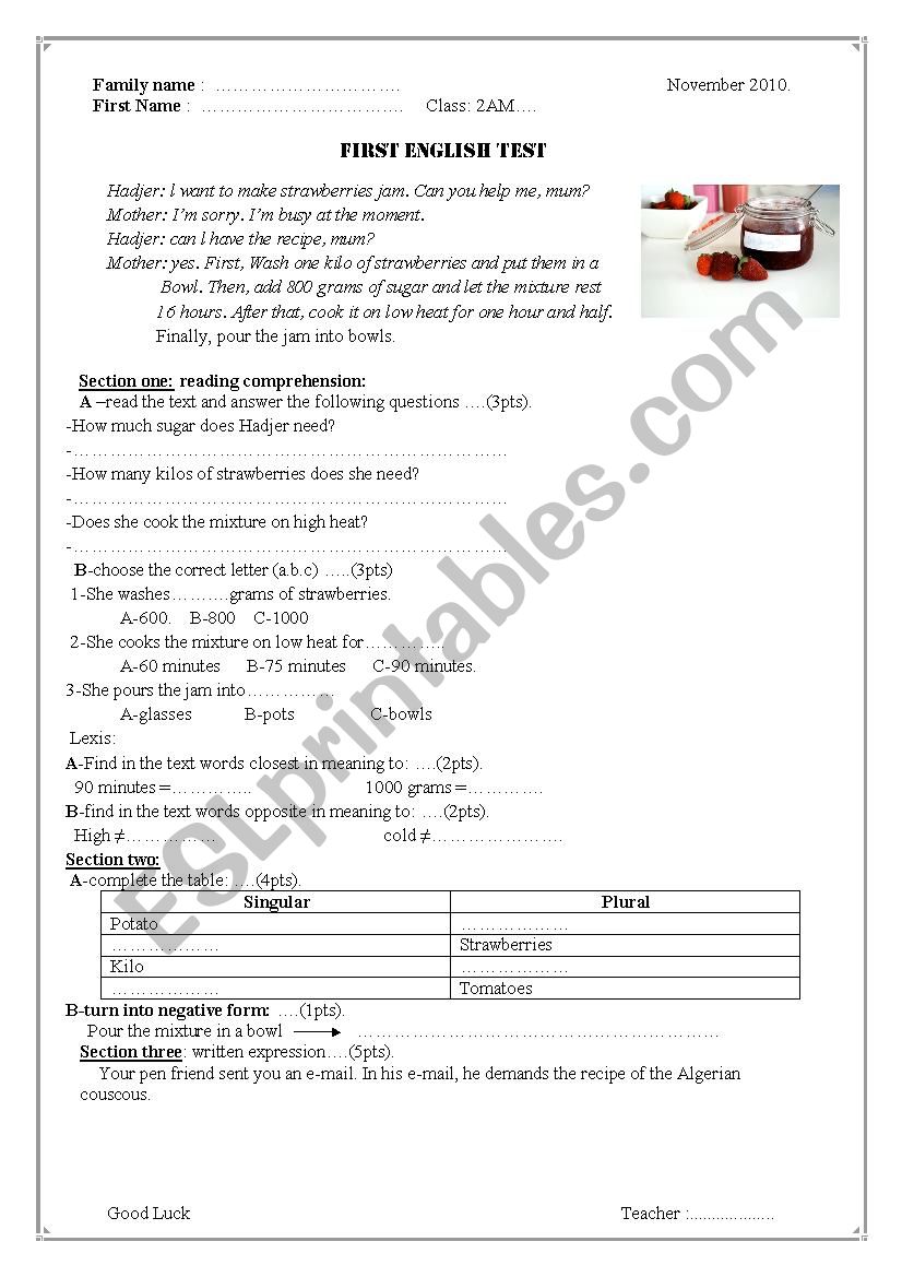  A test about how to prepare a strawberry jam designed for middle school  2nd year Algerian students