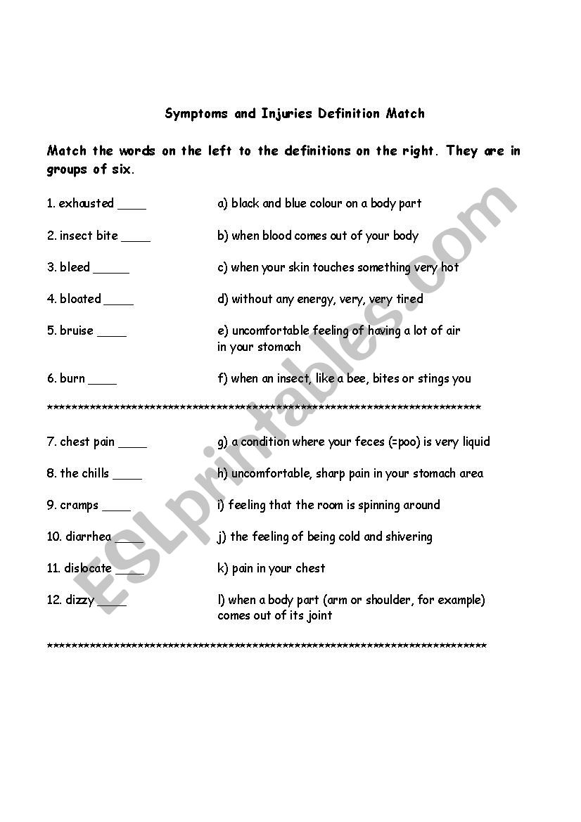 Symptoms Vocabulary Match worksheet