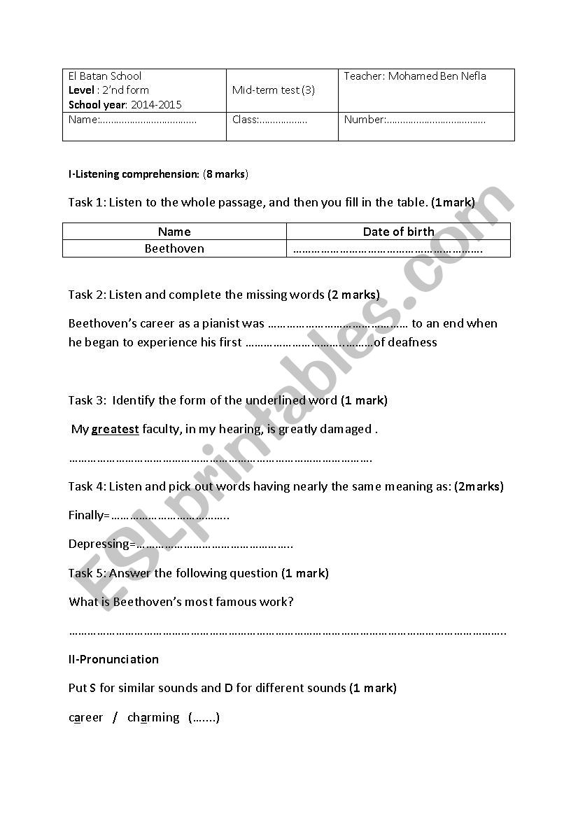 mid term test 3          2nd form 