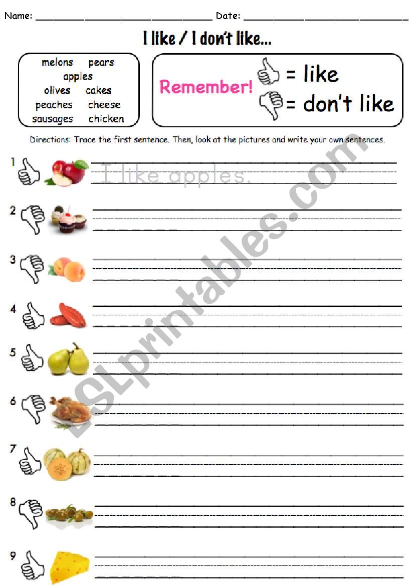 Foods, I like / I dont like worksheet