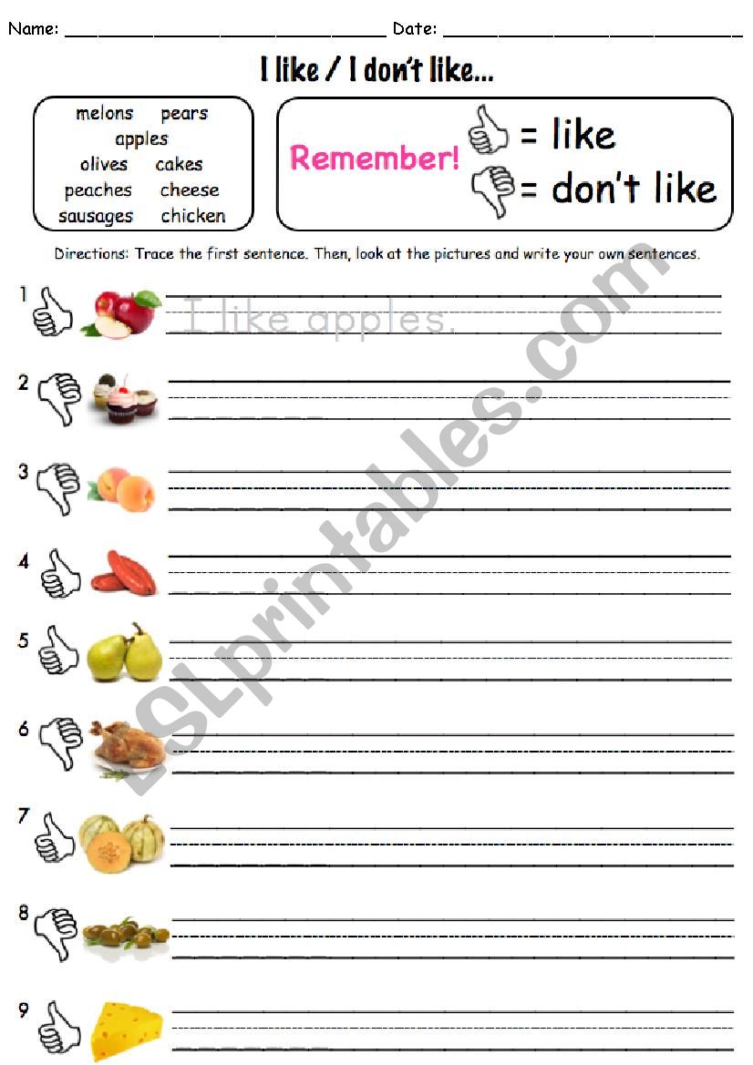 Foods, I like / I donÂ´t like worksheet