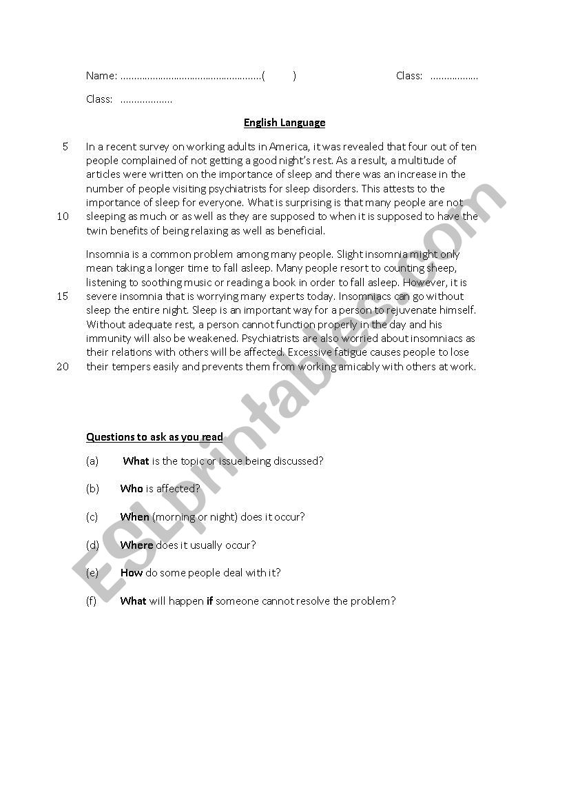 Insomnia worksheet