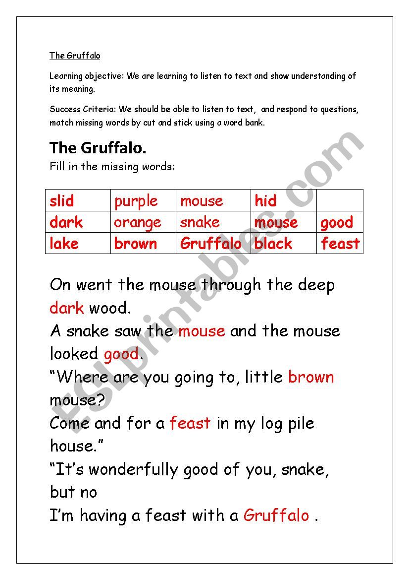 The Gruffalo worksheet