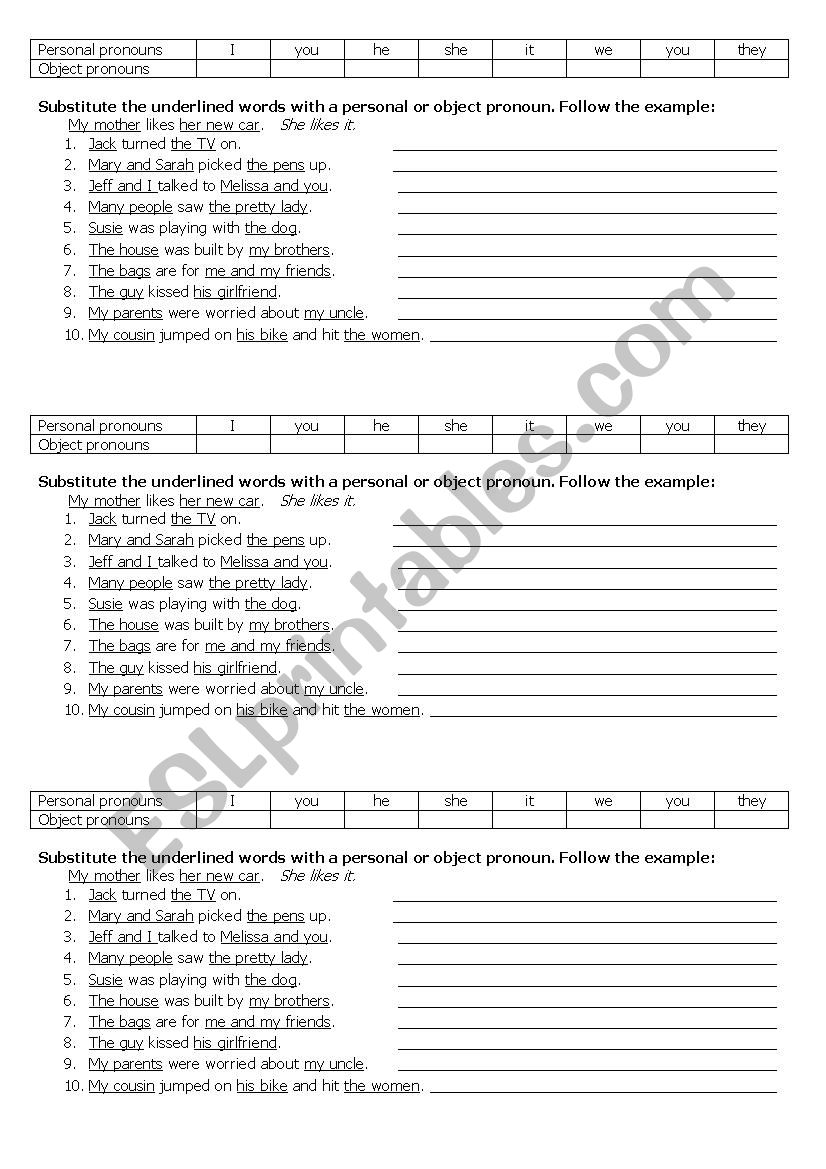 Personal and Object pronouns worksheet