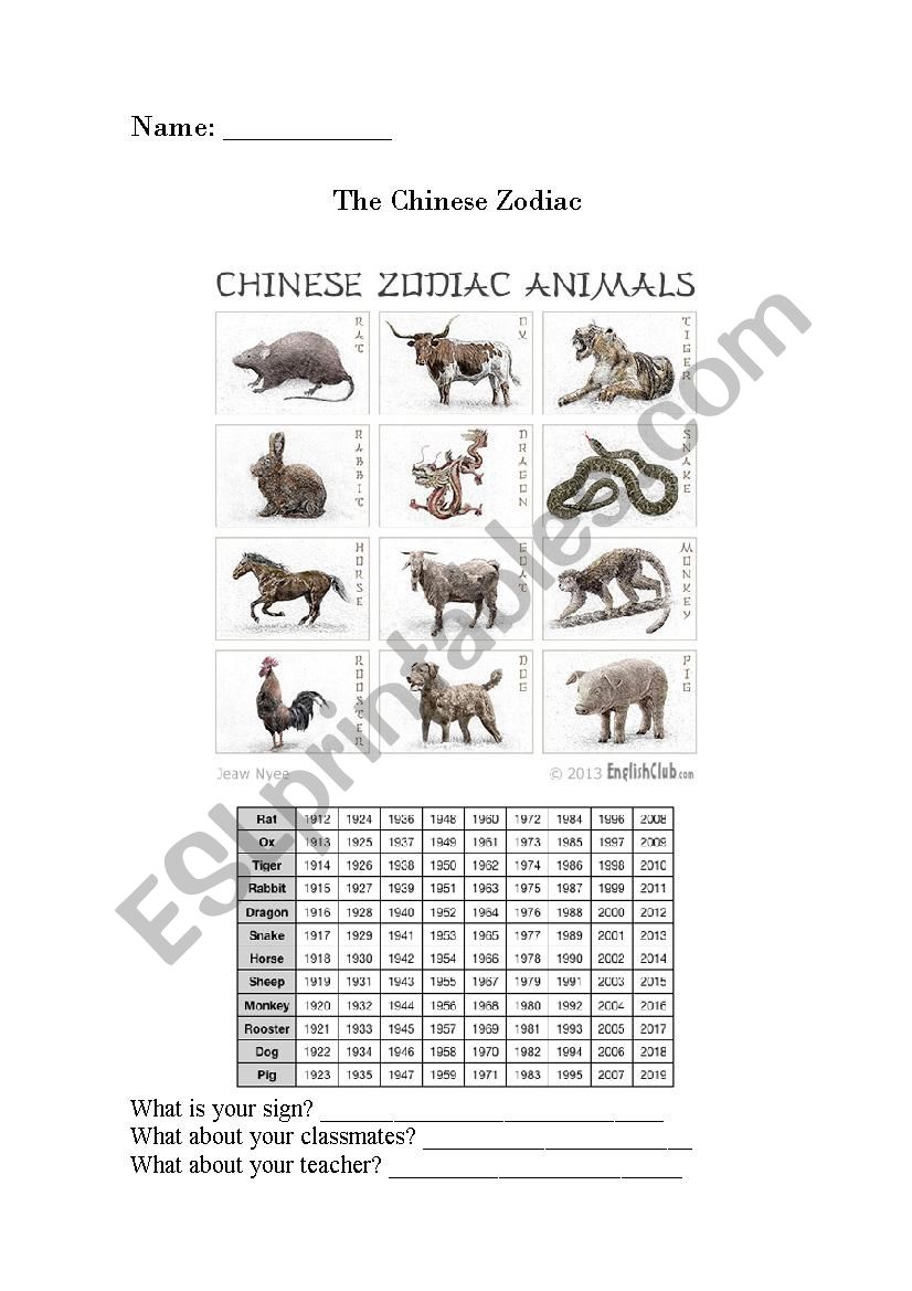 the chinese zodiac worksheet