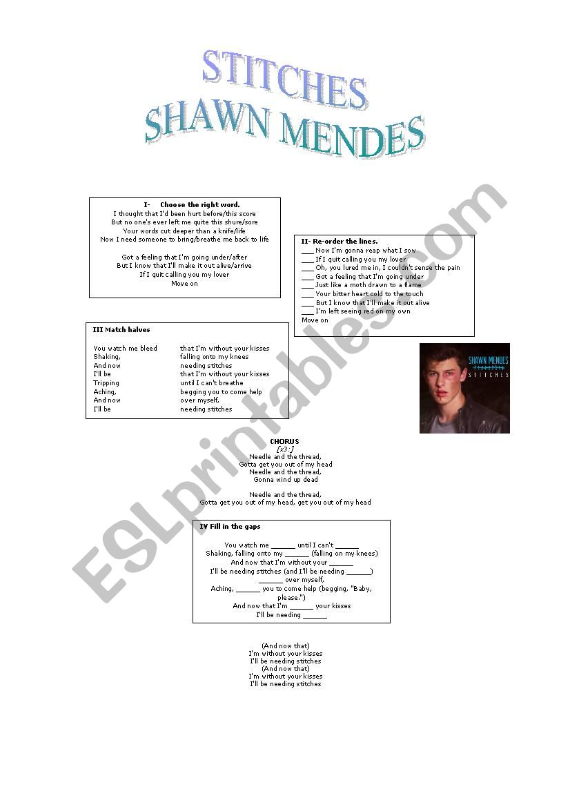 STITCHES, SHAWN MENDES worksheet