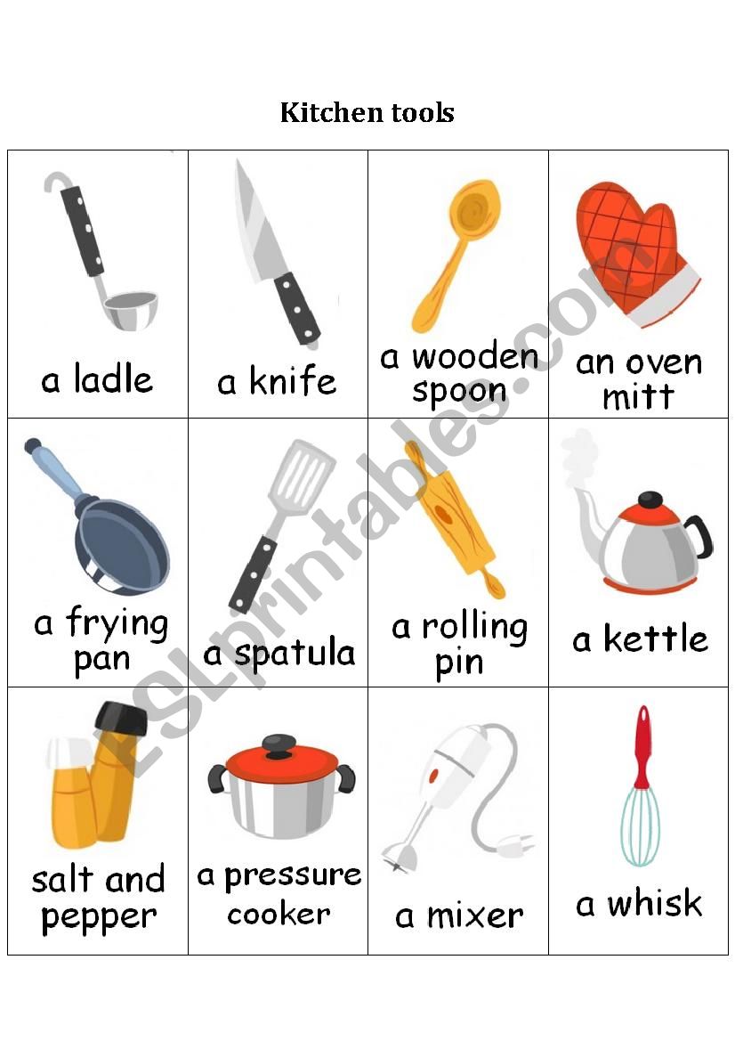 memory game: kitchen tools worksheet