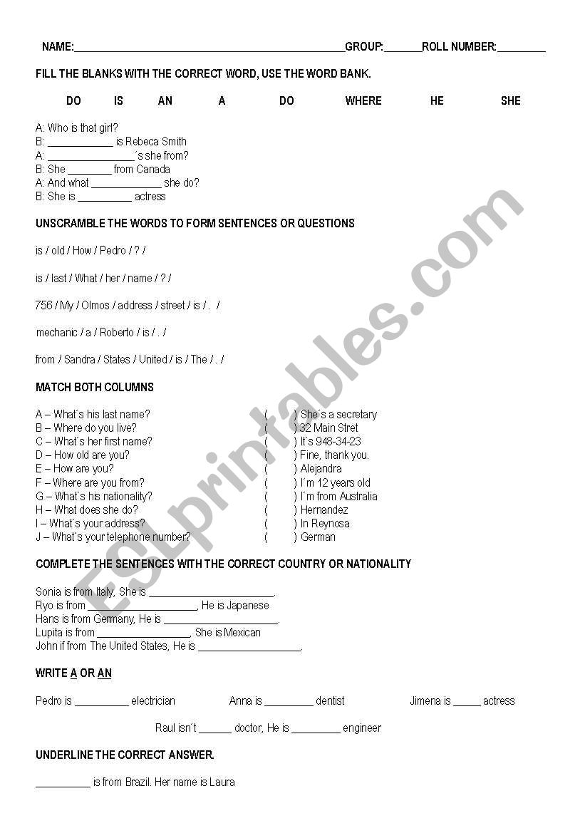 basic exam worksheet