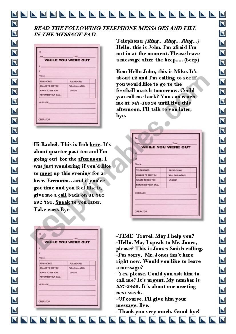 TELEPHONE MESSAGES worksheet