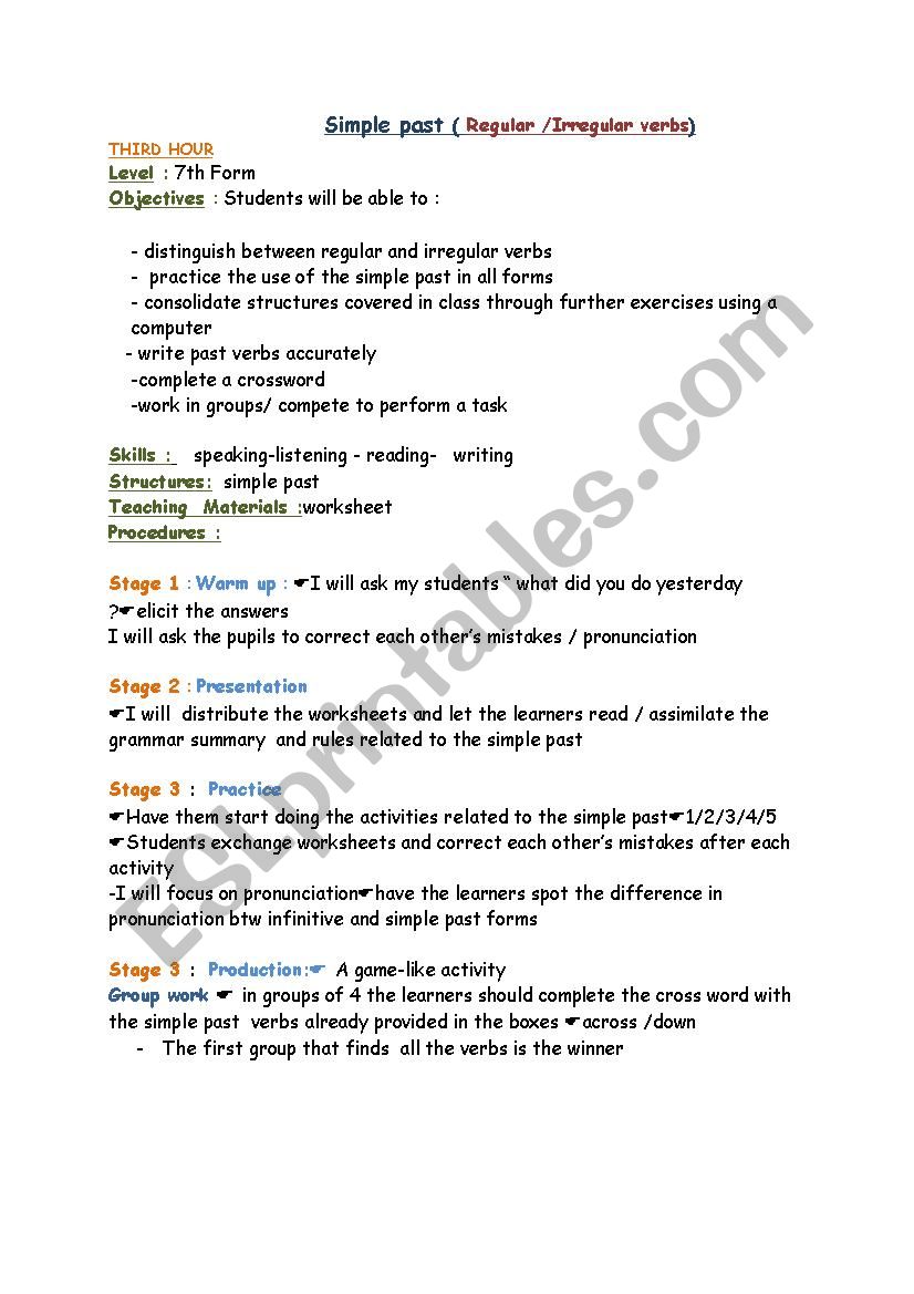 simple past   third hour plan worksheet