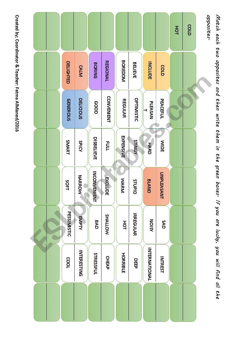 Opposites worksheet