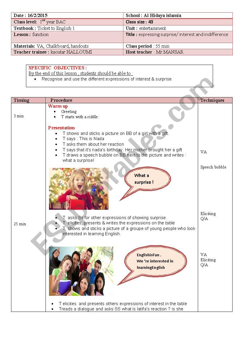 lesson plan of expressing surprise/ interest and indifferencens