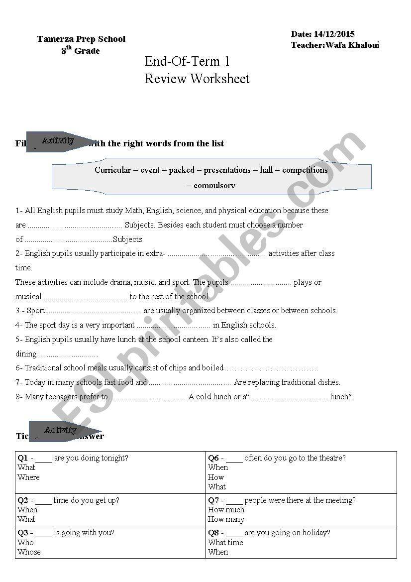 term 1/ 8th grade/Review worksheet