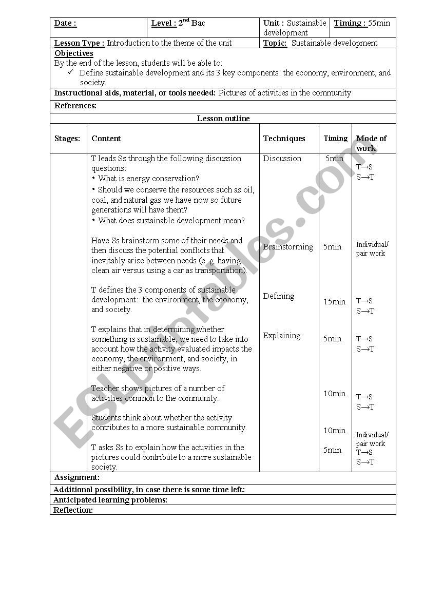 lesson plan of the theme of Sustainable development